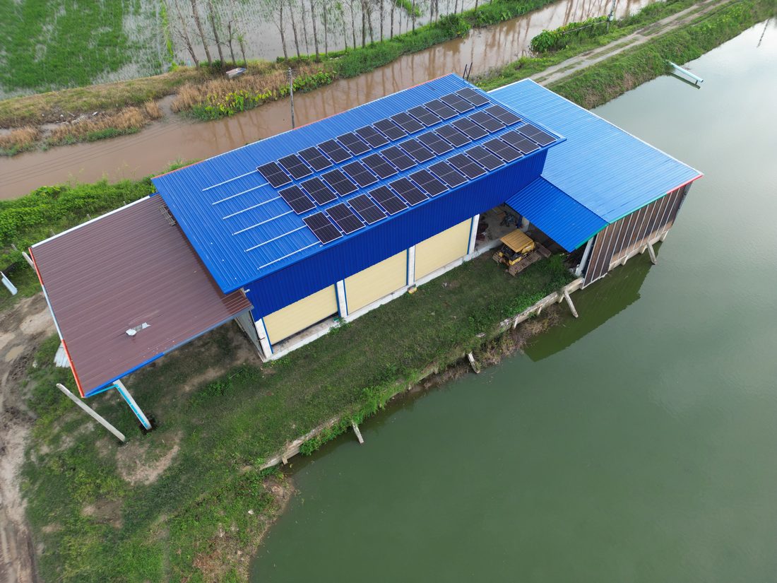 Array on the blue roof beside the pond