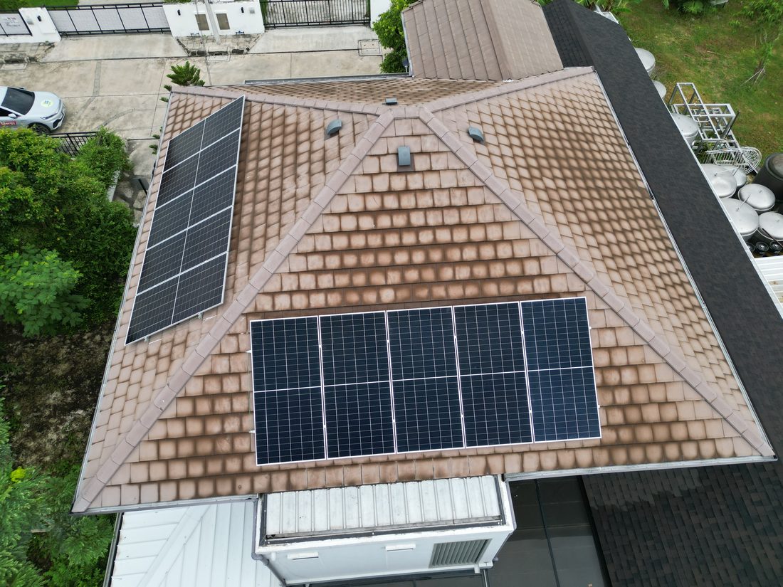 Panels on the tiled roof, from above