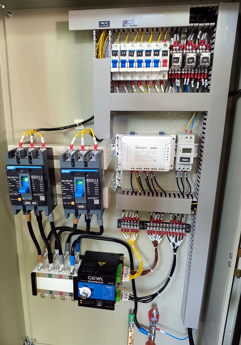 Inside the control panel: two 100 A breakers, transfer switch, fuses, relays and Wi-Fi controller