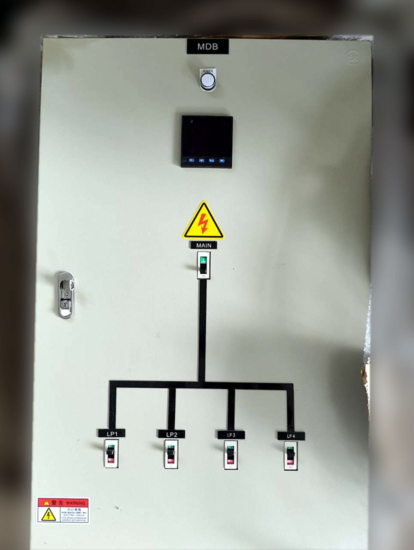 Main board door with meter, warning sign and single-line diagram for four circuits