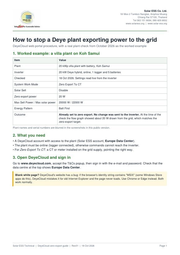 First page of the DeyeCloud zero-export guide