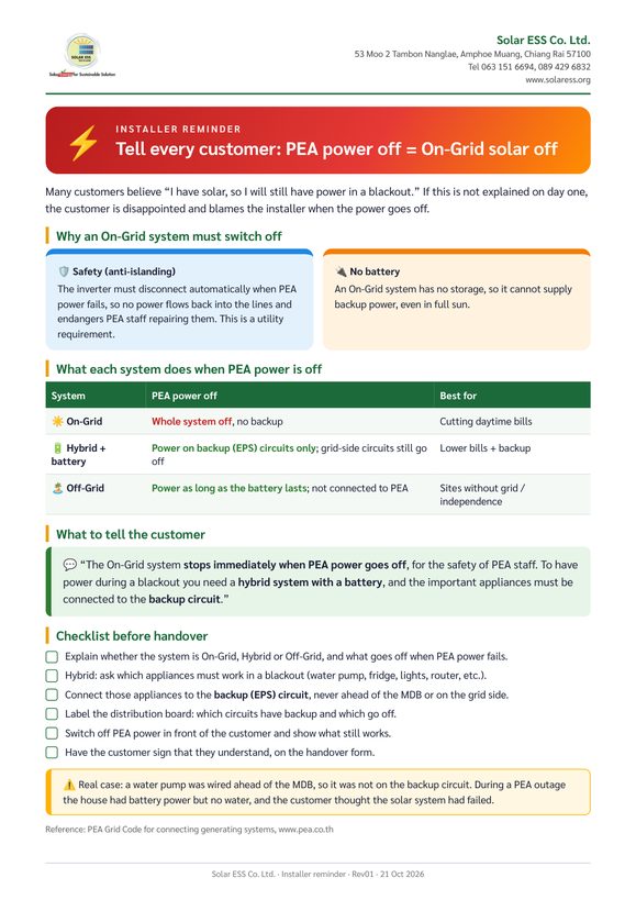 Installer reminder: PEA power off means On-Grid solar off
