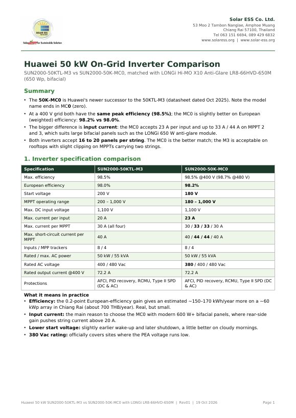 First page of “Huawei 50 kW inverters compared: SUN2000-50KTL-M3 against SUN2000-50K-MC0”