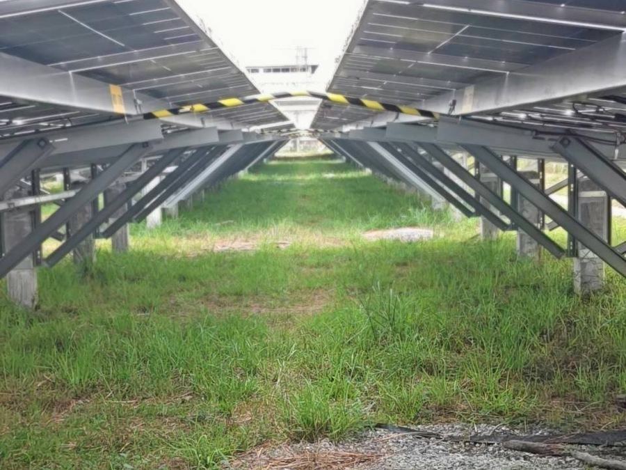 Rows of ground-mounted solar panels on steel frames, Pattalung Betagro