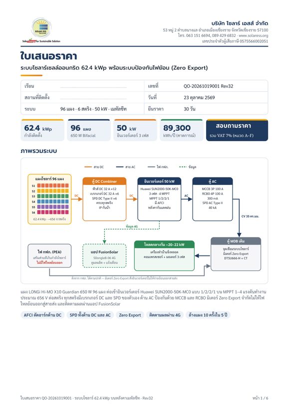 First page of the sample 62.4 kWp on-grid quotation
