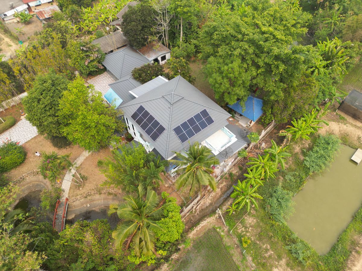 Rooftop solar on a house, seen from the air