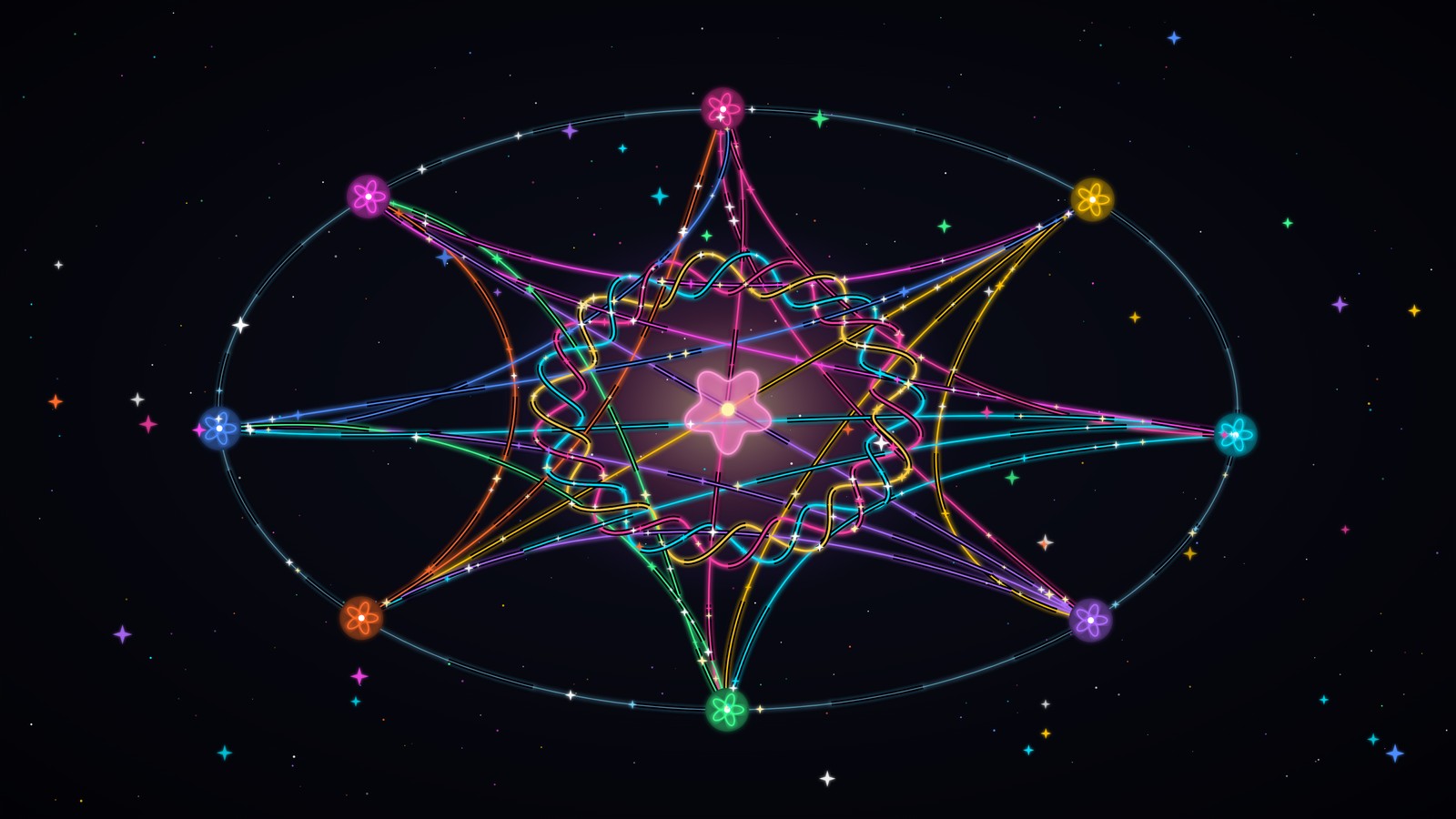 Abstract interwoven line art on a dark background: eight glowing blossoms joined by threads woven over and under each other around a braided ring and a central flower, representing the Thailand Solar Installer Alliance